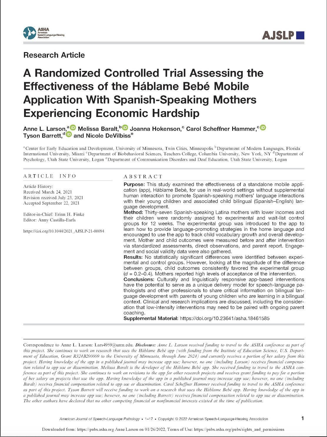 This is an image of the first page of a research article, select the link below to access the entire article. Larson, Baralt, Scheffner Hammer, Barrett, & DeVilbiss.2022.A Randomized Controlled Trial Assessing the Effectiveness of the Háblame Bebé Mobile Application With Spanish-Speaking Mothers Experiencing Economic Hardship