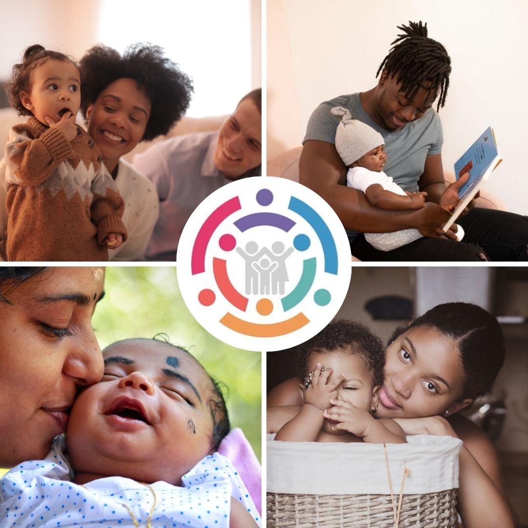 images of parents with children, the Connecting the Dots logo is in the center